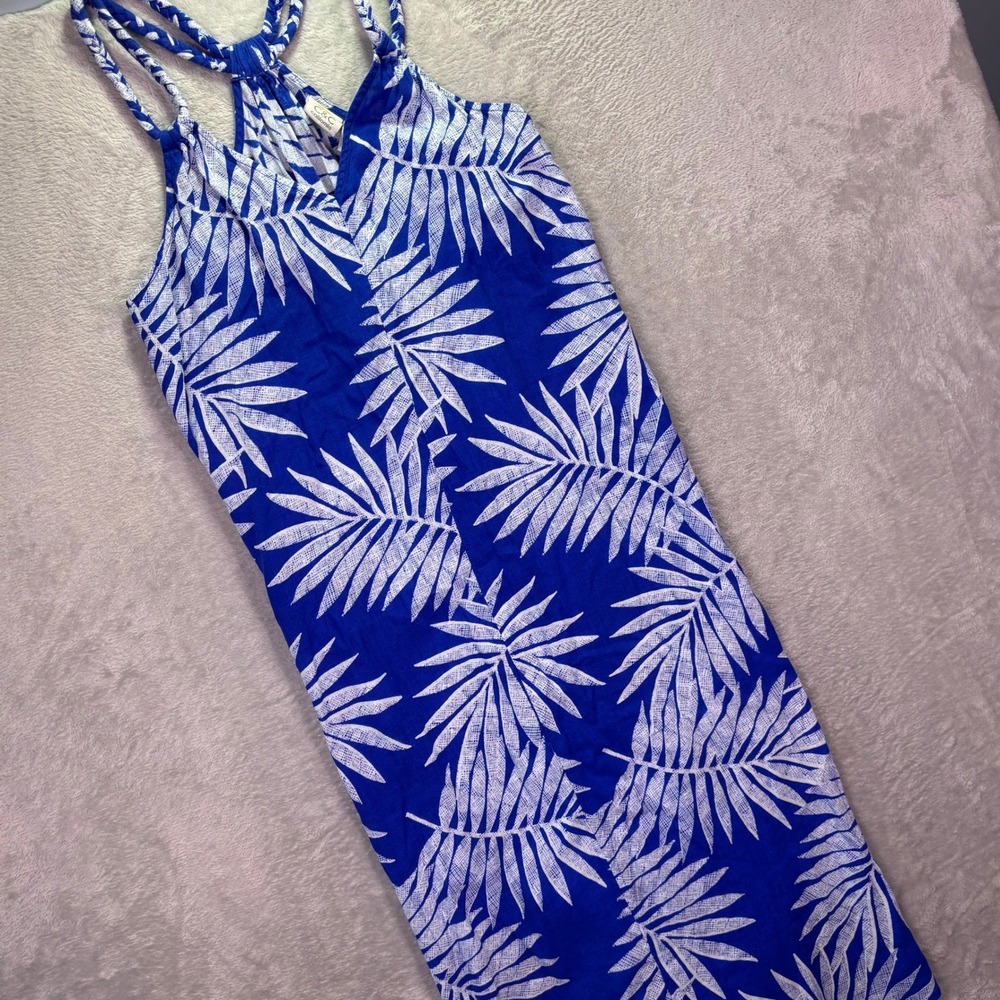 C&C California Womens Maxi Dress Sz S Blue Linen Tropical Palm Braided Racerback